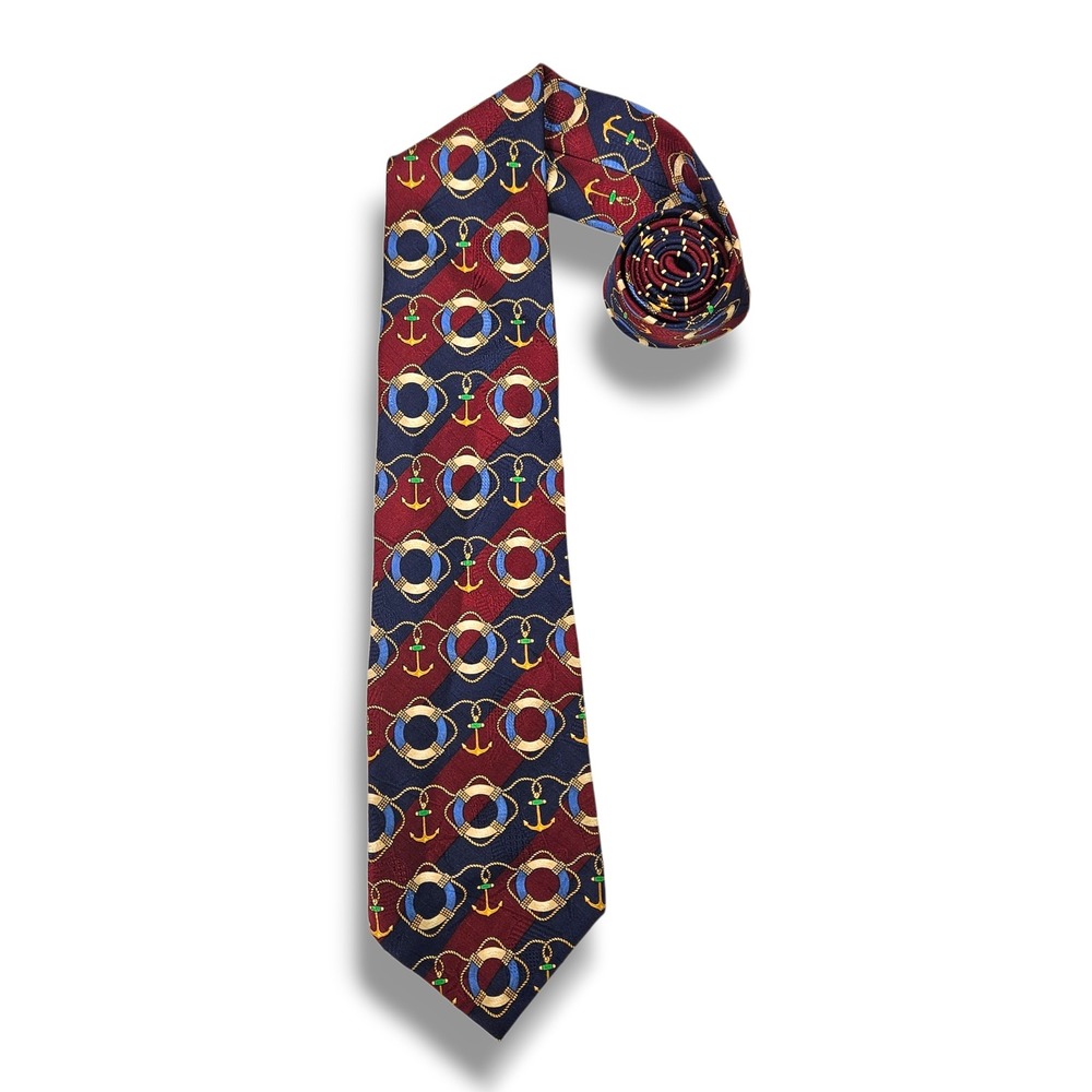 Tommy Hilfiger Silk Jacquard Necktie Nautical Anchor Rope Red Blue Gold Classic